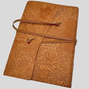 Tivoli Embossed Floral Tan Leather Wrap Journal Notebook Italy 6" X 8.5"